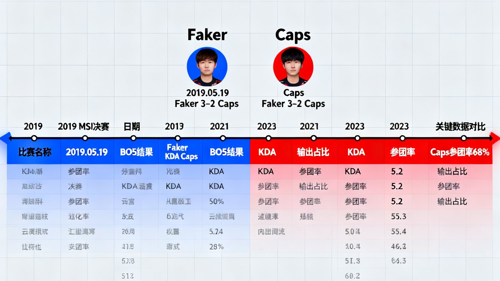 Faker与Caps职业生涯交锋记录时间线图表，标注了两人自2019年以来的所有BO5对决结果和关键数据对比